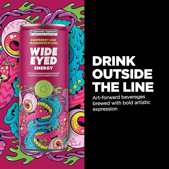 Collective Arts Wide Eyed Energy Drinks | Naturally-Flavored Caffeinated Vitaminized Sparkling Beverage With Fruit Extracts | Raspberry Lime MAX | Pack of 12 | 12 fl oz.(355ml)