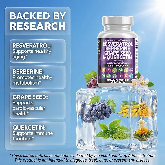 Clean Resveratrol Supplement | Berberine Grape Seed Extract Quercetin Green Tea Extract Acai Noni Polyphenol Supplement for Women &amp Men N-Acetyl Cysteine
