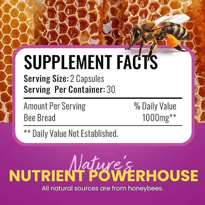 HONEYBEEZONE-Bee Bread Capsules – Nutrient-Rich Superfood for Energy Boost Immune Support Supplement | Non-GMO Gluten-Free 60 Easy-to-Swallow Veggie Capsules