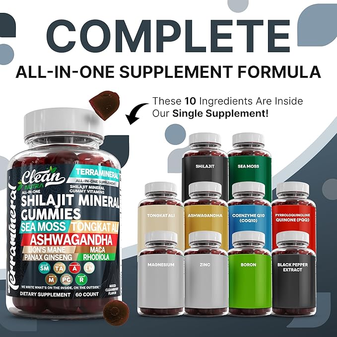 Terramineral Shilajit Gummies with Irish Sea Moss Tongkat Ali Ashwagandha Lion's Mane MACA Panax Ginseng Rhodiola &amp Cordyceps by Clean Nutra (1)