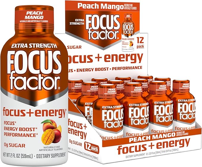 Focus Factor Extra Strength Focus + Energy Shots - 12 x 2oz Bottles (Peach Mango Flavor) - Powered by Nootropics with Caffeine L-Theanine Ginkgo Bacopa L-Tyrosine Alpha GPC