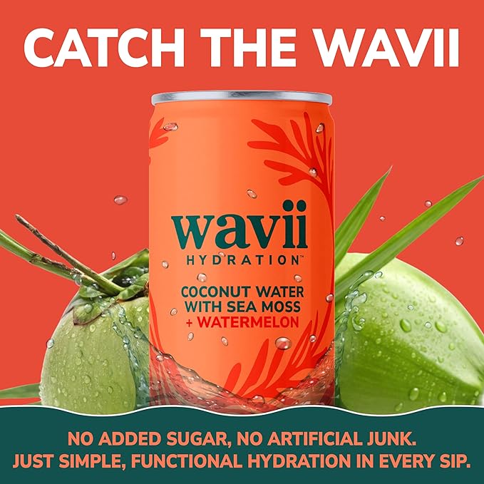 Wavii Hydration Organic Coconut Water with Organic Sea Moss plus Watermelon 11 fl oz Cans Pack of 12 – Clean Refreshing Hydration with Naturally Occurring Electrolytes No Added Sugar Non-GMO