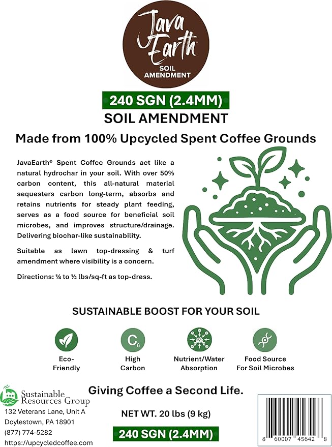 240 SGN (2.4MM) - JavaEarth® Soil Amendment Upcycled Spent Coffee Grounds 20 lbs
