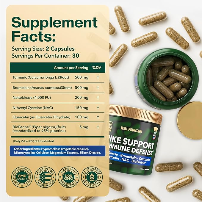 Nattokinase 4000 FU 200mg Bromelain 500mg Curcumin 500mg NAC 150mg Quercetin 100mg &amp BioPerine 5mg | 30-Day Supply 60 Count - Spike Protein Support &amp Immune Defense