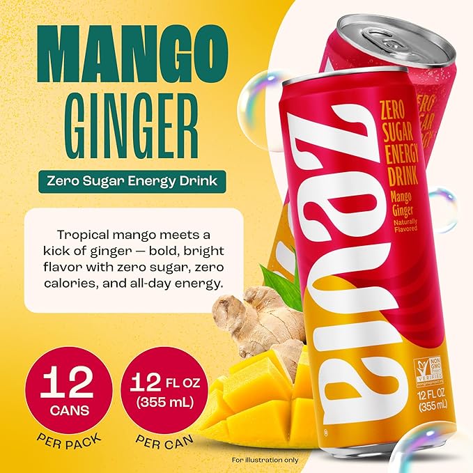 Zevia Zero Sugar Energy DrinkMango Ginger12 oz Cans – Naturally SweetenedZero Calorie Sugar Free Energy - Non-GMO Project VerifiedGluten-FreeVegan(Pack of 24)