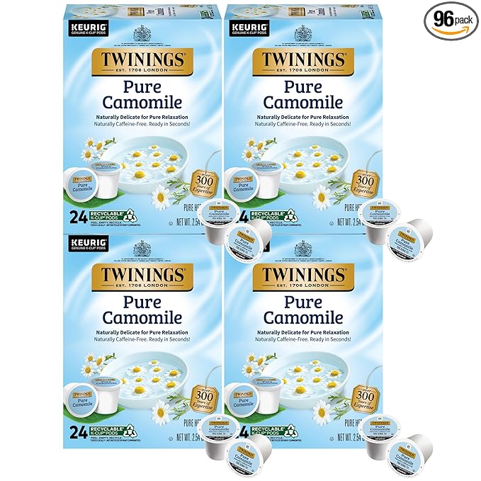 Twinings Pure Camomile Herbal Tea K-Cup Pods for Keurig Naturally Caffeine-Free Made with Pure Camomile Blossoms 24 Count (Pack of 4) Enjoy Hot or Iced
