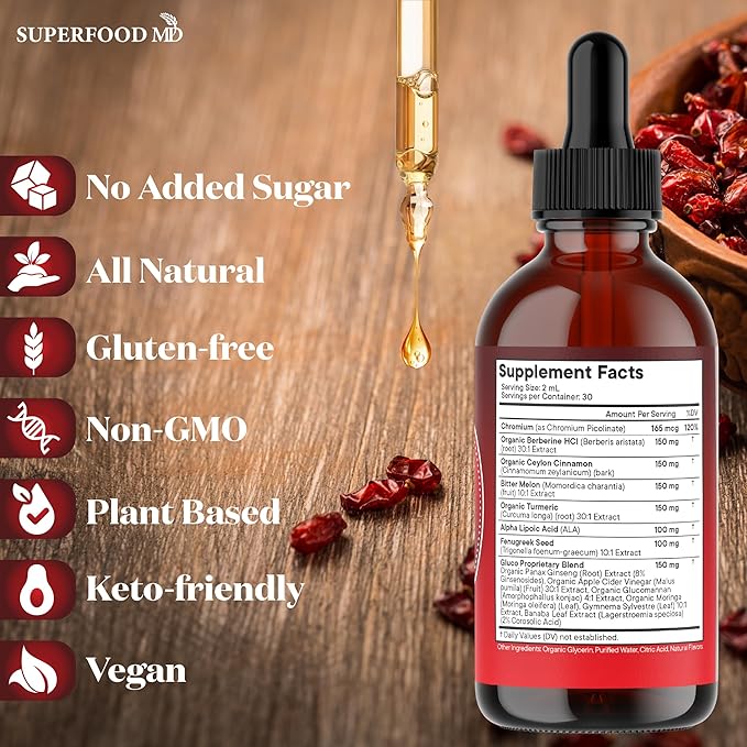 Berberine with Ceylon Cinnamon Supplement Liquid Drops + Bitter Melon Extract Glucomannan Gymnema Chromium Turmeric Organic Panax Ginseng Moringa 4oz