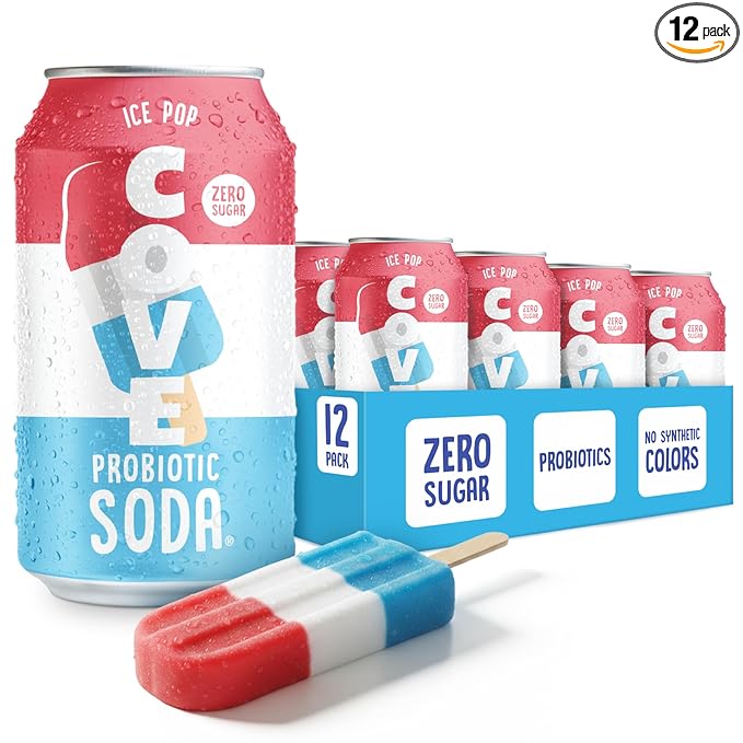 Cove Probiotic Soda Zero Sugar Better-For-You Alternative - Refreshing Delicious Probiotic Drink No Synthetic Colors &amp Caffeine Free - Ice Pop 12 Pack
