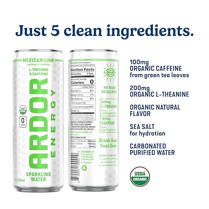 ARDOR ENERGY Sparkling Water with 100mg Natural Caffeine &amp 200mg L-Theanine from Organic Green Tea for Smooth Energy &amp Focus | Healthy Energy Drink | No Sugar Zero Calories Vegan Gluten-Fre
