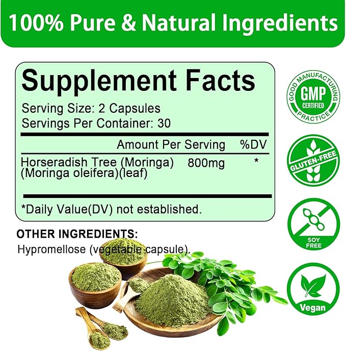 Moringa Capsules Pure Moringa Powder 800mg per Serving - Rich in Antioxidants Multi Minerals &amp Vitamins | Green Superfood - Natural &amp Vegan Supplement - 60 Capsules