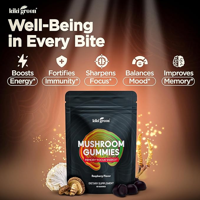 KIKI Green Mushroom Gummies with Lion's Mane and 9 Adaptogen Superfoods Blend - Chaga Red Reishi Cordyceps Shiitake Black Fungus | 60 Count 10:1 Extract