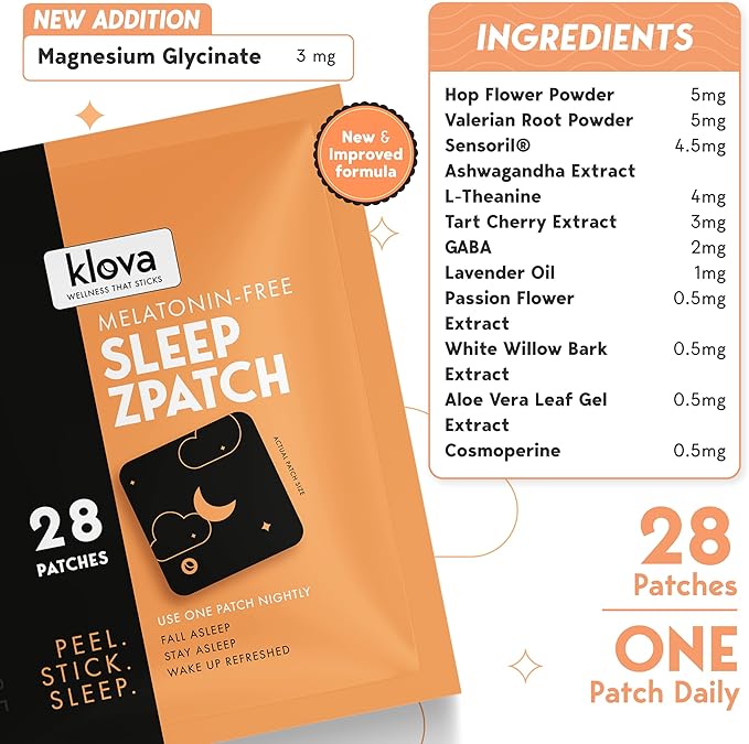 Klova Melatonin-Free Sleep Patches for Adults | Natural Sleep Aid with Ashwagandha Valerian GABA &amp L-Theanine | Fall Asleep Faster Stay Asleep Longer &amp Wake Refreshed | 28 Patches