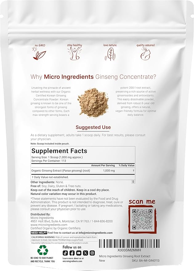 Micro Ingredients Maximum Strength Organic Korean Ginseng Root 200:1 Powder 4 Ounce Red Panax Ginseng Powder Active Ginsenosides Vegan Friendly