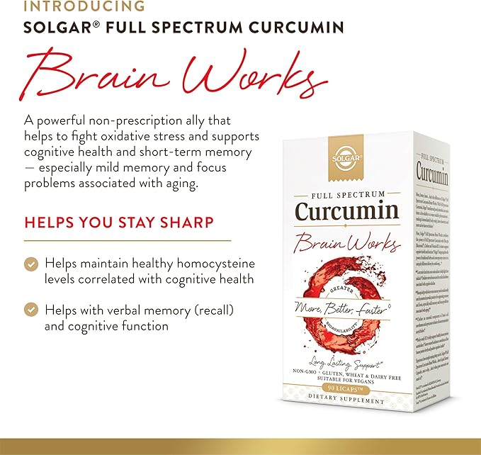 Solgar Full Spectrum Curcumin Brain Works 90 Licaps - Support Memory Recall Focus Cognitive Function - Antioxidant Support - Curcumin BacoMind Choline Vitamin B12 - Non-GMO Vegan - 30 Servings