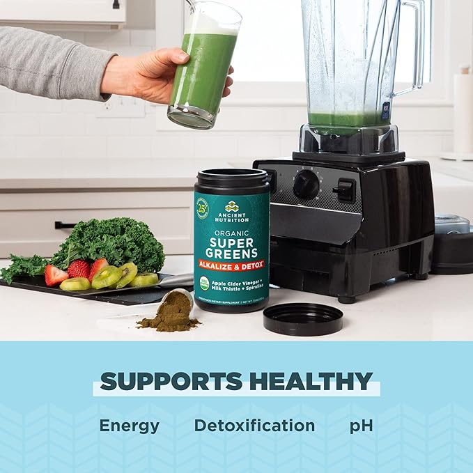 Ancient Nutrition Supergreens Alkalize &amp Detox Powder Organic Superfood Powder Made from Real Fruits Vegetables and Herbs for Digestive and Energy Support 25 Servings 7.5oz