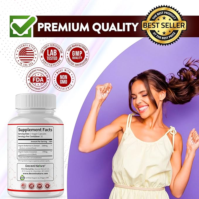 Organic Berberine with Ceylon Cinnamon 2175mg - Premium berberine supplement high purity extract USDA Organic support immune system Berberine Plus Complex Non-GMO Vegan for Men Women 90 Capsules