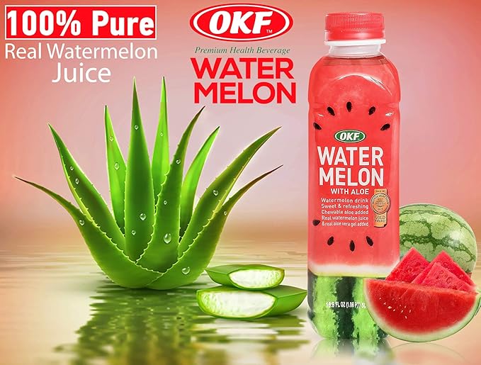 OKF Watermelon with Aloe Vera Drink Sweet and Refreshing W/Chewable Aloe added. Real Watermelon Juice and Real Aloe Vera Gel Added 16.9 Fluid Ounce (Pack OF 10)