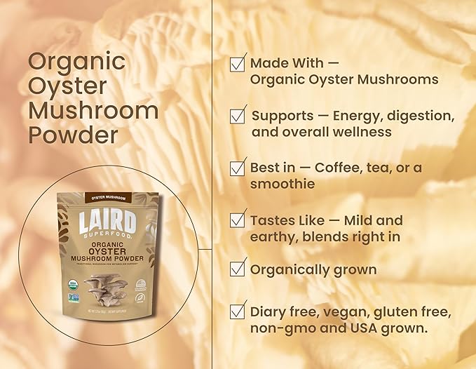 Laird Superfood Organic Oyster Mushroom Powder for Immune and Digestive Support 3.17 oz. Bag Pack of 1