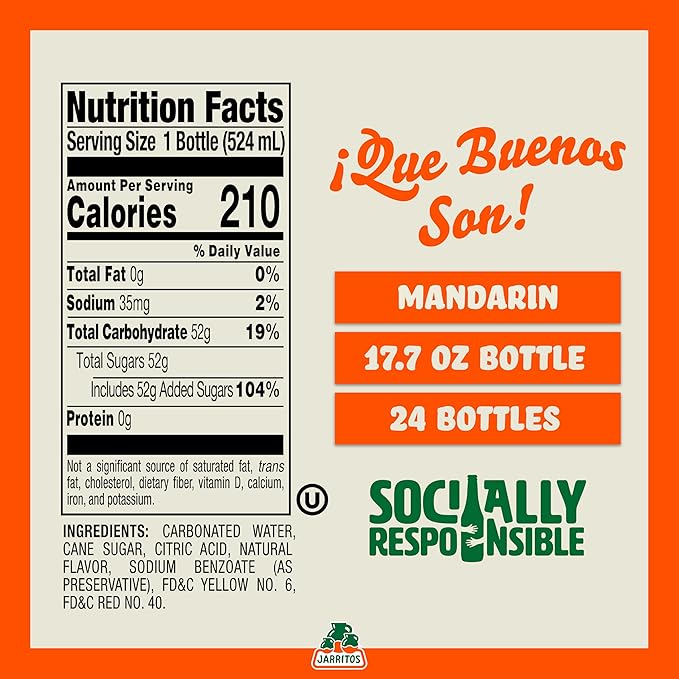 Jarritos - Mexican Soda Soft Drinks Mandarin (17.7 oz 524ml) 24 Bottles - Made with Real Cane Sugar - 0g Fat - Made in Mexico - Natural Flavor Soda Pop - Party &amp BBQ Beverages