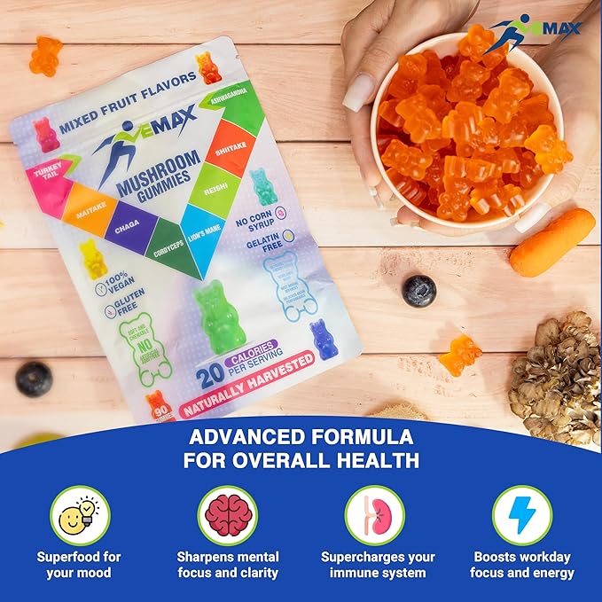 Ashwagandha and Lions Mane Mushroom Gummies for Adults - Organic - Reishi Maitake Chaga Cordyceps Shiitake Turkey Tail - Immune Support Memory Focus and Energy -Vegan Mushroom Supplement Gummy