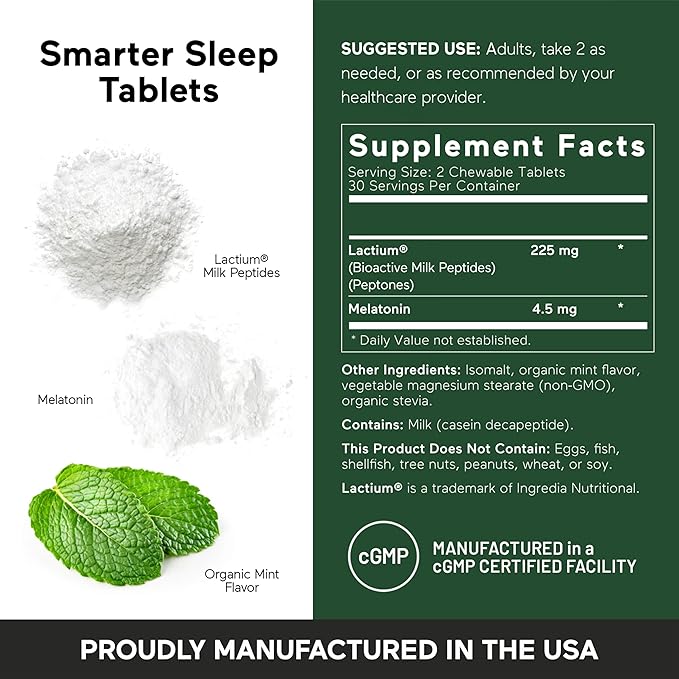 Smarter Nutrition Smarter Sleep Melatonin Dissolvable Tablets 4.5mg + Natural Clinically Proven Lactium® - Sleep &amp Stress Support - Mint Flavor Melatonin Tablets - Non-GMO-360 Count[180-Day Supply