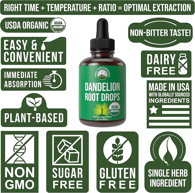 Dandelion Root Extract. USDA Organic Vegan Herbal Liquid Tincture Dandelions Supplement for Women and Men. Leaf Tonic for Immune Liver Gut Health. Zero Sugar Gluten Free Supplements Not Capsules