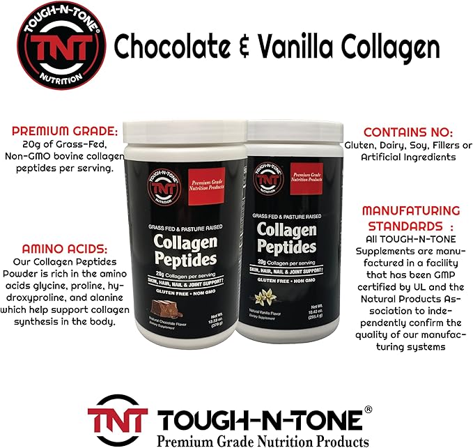 TOUGH-N-TONE Collagen Peptides Powder – Chocolate Flavor – 20g Hydrolyzed Type I &amp III Grass-Fed Bovine Collagen – Non-GMO Gluten-Free Dairy-Free Soy-Free