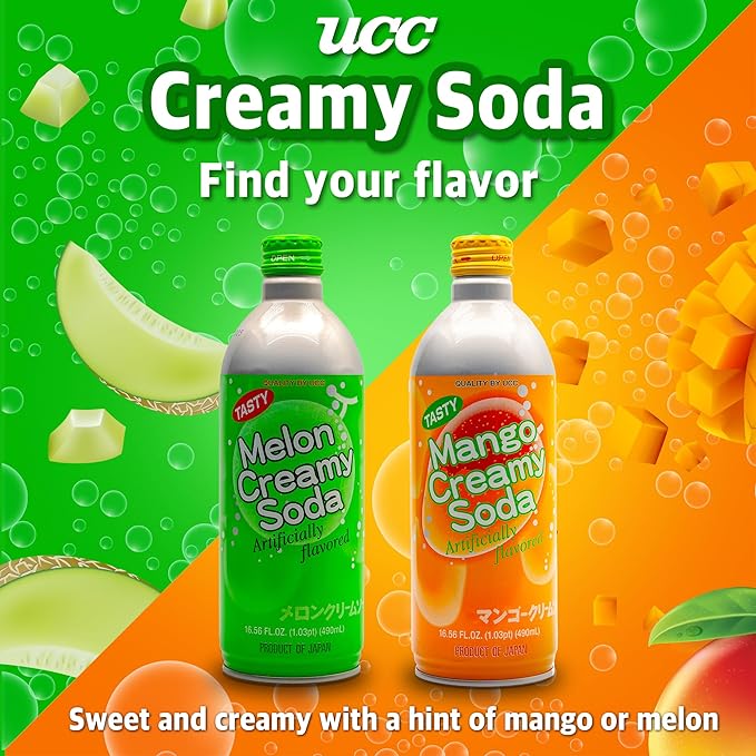 UCC Melon Creamy Soda - Ready To Drink Melon Soda Convenient Bottled Drink 16.57oz Each (Pack of 12) Carbonated Drink Artificial Melon Flavor Imported from Japan