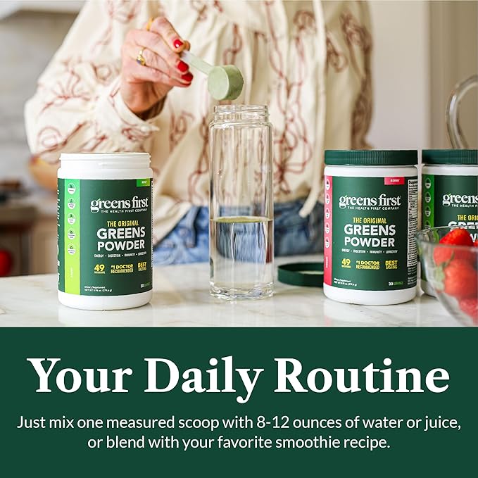 Greens First Original Greens Powder - 49 Superfoods - Organic Fruits &amp Veggies - Prebiotics Probiotics Digestive Enzymes - Antioxidant Smoothie - Dairy Free Vegan Non-GMO (Chocolate 60 Servin