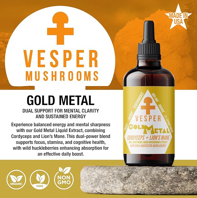 Vesper Gold Metal Mushroom Liquid Extract - Cordyceps &amp Lion’s Mane Blend with Wild Huckleberries for Neurogenesis Performance and Energy USA-Grown for Focus &amp Endurance – 4oz