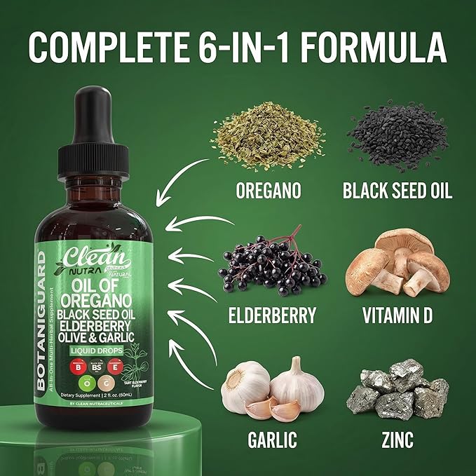 Clean Nutra Oil of Oregano Drops Black Seed Oil Elderberry Vitamin D D3 K2 Olive Garlic Immune Support Supplement Wellness Formula Zinc Supplements Liquid 2 Fl Oz BotaniGuard Vegan Non-GMO