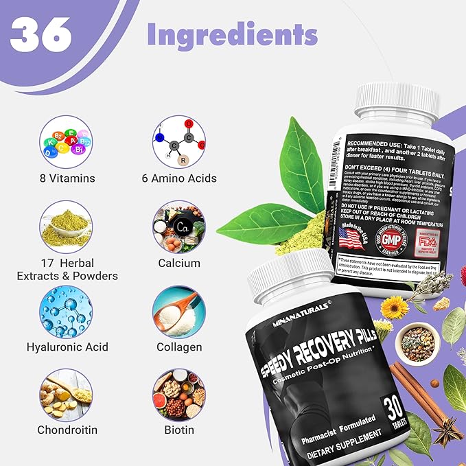 Speedy Recovery Pills Post-OP Recovery Supplement Scar Support Vitamins Promotes Collagen and Fast Wound Healing Specially Formulated for Post op Cosmetic Surgeries 30 Tablets