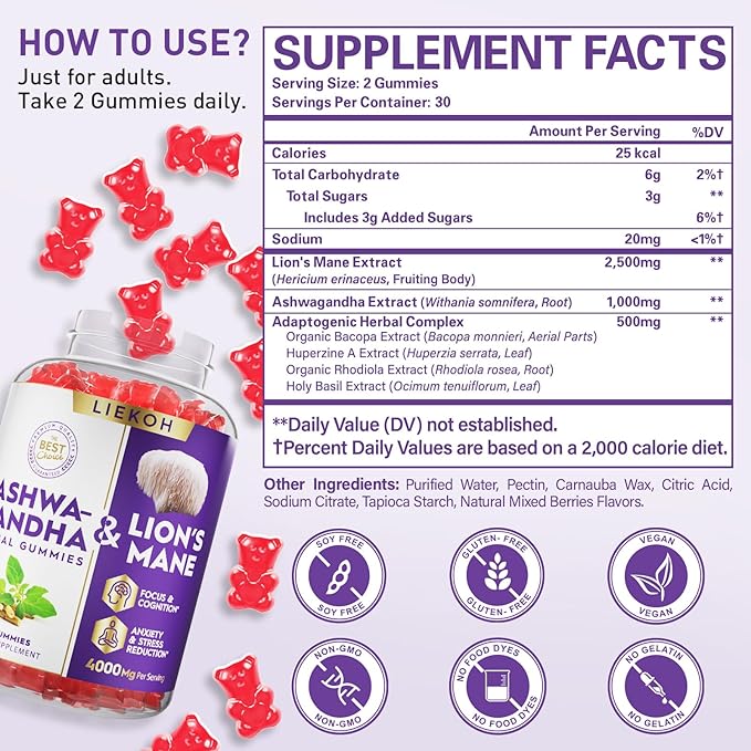 Ashwagandha Gummies - Organic Ashwagandha &amp Lions Mane Gummies for Adults with 4 Adaptogenic Herb for Stress Cognitive &amp Immune Support| Cortisol Supplements for Women &amp Men Berry Flavor