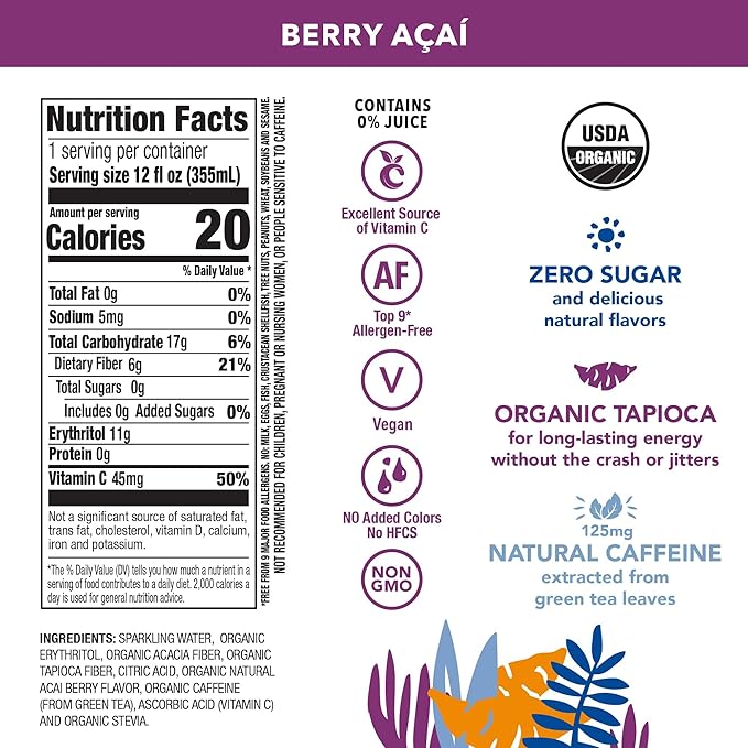 OCA ZERO 3-Flavor Variety Pack (Berry Acai Tropical Mango Strawberry Watermelon) Organic energy drink zero sugar gluten-free vegan plant-based 12 Fl Oz (12-pack) (12 Fl Oz 3-Flavor Variety Pac