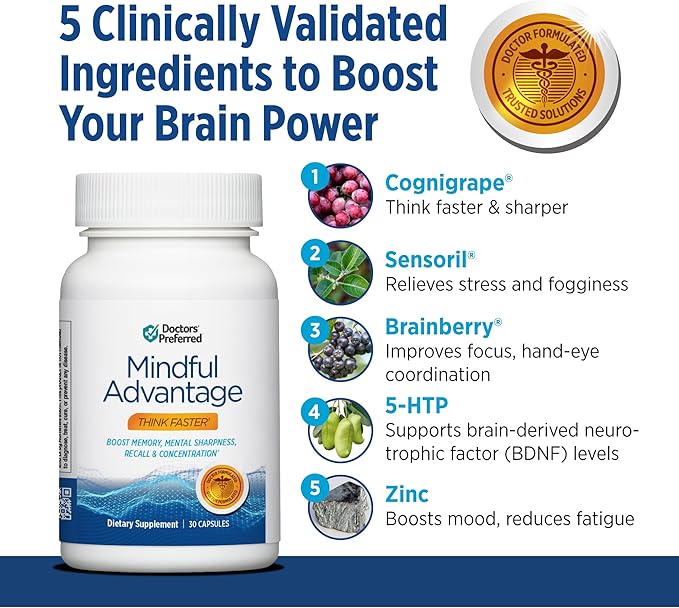 DOCTORS' PREFERRED Mindful Advantage Brain Supplements for Memory and Focus - Boost Memory Mental Sharpness Recall &amp Concentration - 30 Count
