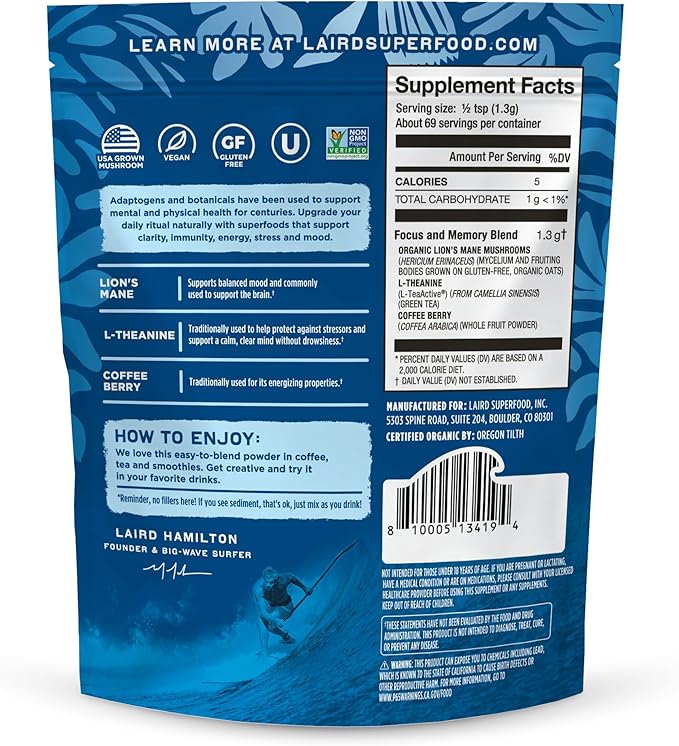 Laird Superfood Organic Focus and Memory Mushroom Blend with Lion’s Mane L-Theanine and Coffee Berry 3.17 oz. Bag Pack of 1