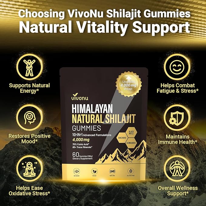 VivoNu Pure Himalayan* Shilajit* Gummies micronutrient Supplement Himalayan Premium Ingredient with Shilajit Ashwagandha Gokshura Fulvic Acid &amp 85+ Trace Minerals I for Men Women (4000MG/1 B