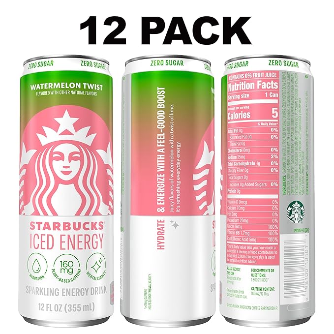 Starbucks Iced Energy Drink Watermelon Splash Zero Sugar Energy Drink Plant Based Caffeine Hydration Mental Clarity 12 Fl Oz Cans (Pack of 12)