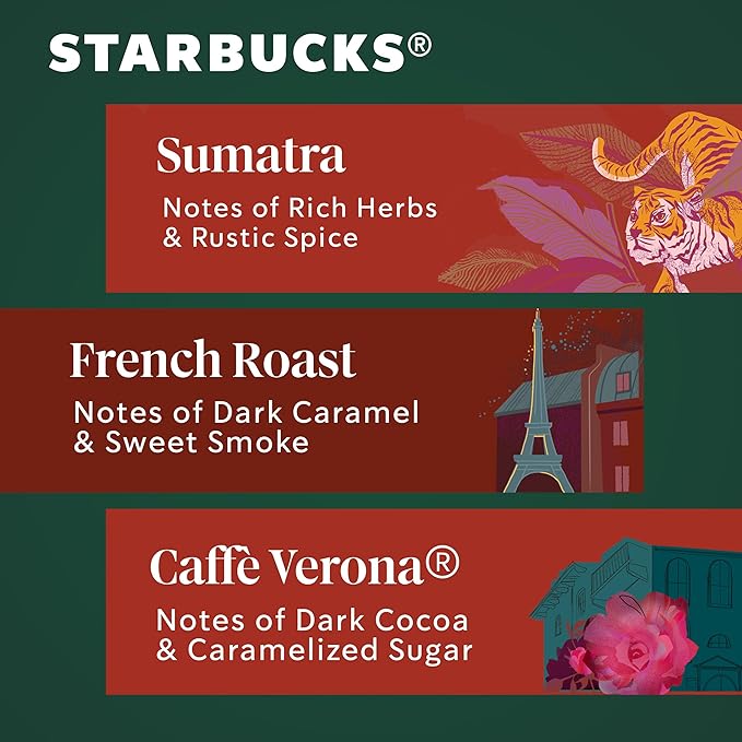 Starbucks Whole Coffee Beans Dark Roast Hot or Iced Coffee Variety Pack Three 12 oz Bags