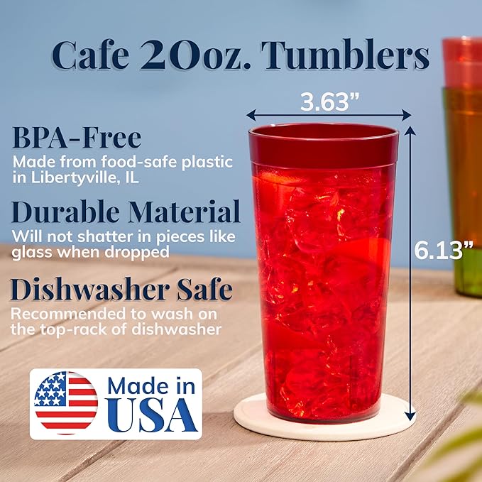 US Acrylic Cafe Plastic Reusable Tumblers (Set of 16) 20-ounce Water Cups Assorted Colors | Restaurant Style Drinking Glasses Value Set Stackable BPA-free Made in the USA | Top-rack Dishwasher Safe