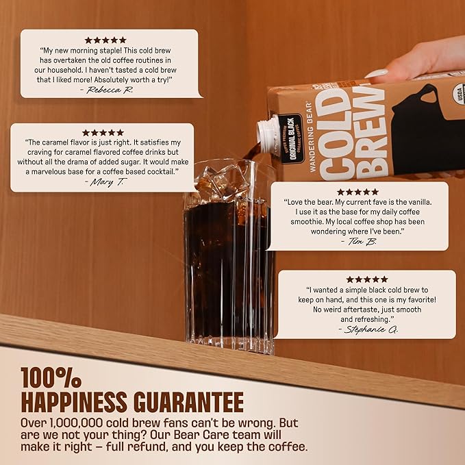 Wandering Bear Organic Caramel Cold Brew Coffee - Strong Bold Smooth Unsweetened Shelf-Stable Ready to Drink Gluten Free &amp Vegan Iced Cold Brewed Coffee Drink - 32 fl oz 6 pack