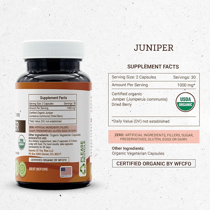 Secrets of the Tribe Juniper 60 Capsules 1000 mg USDA Organic Juniper (Juniperus communis) Dried Berry (60 Capsules)