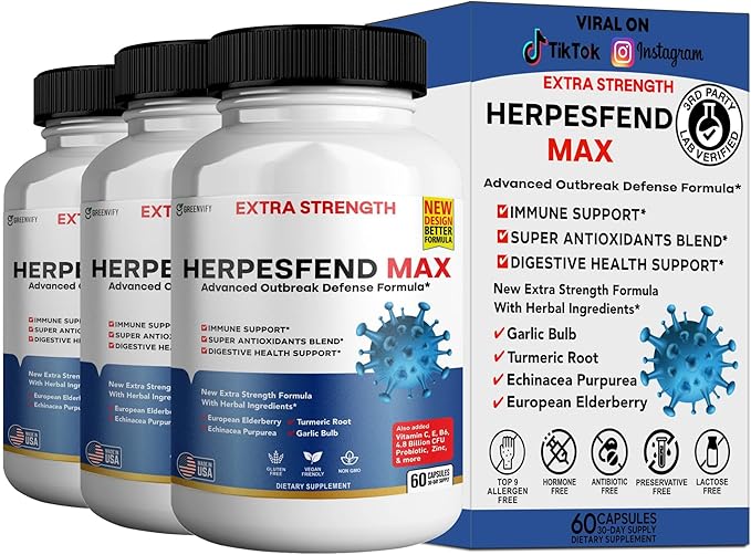 HerpesFend Max Extra Strength Advanced Defense Formula 60 Capsules with Elderberry Echinacea Turmeric Garlic Vitamins and Probiotics (20)