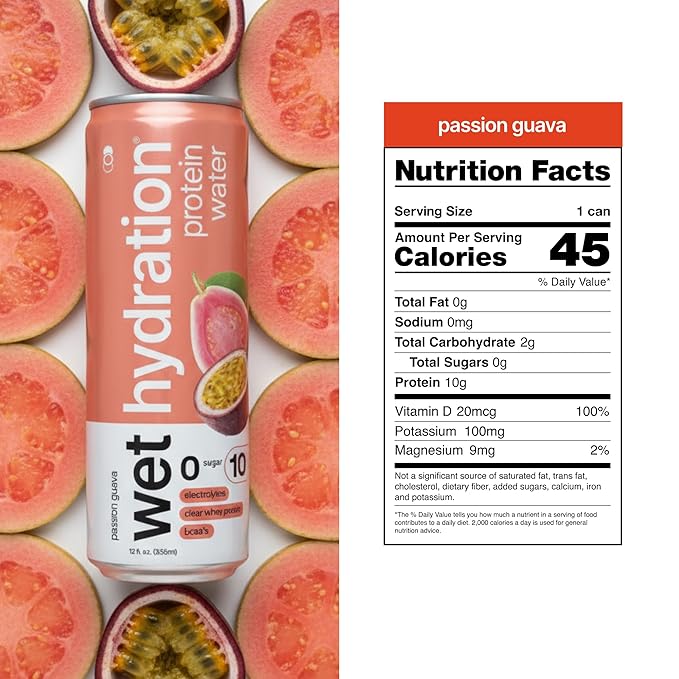 Wet Hydration | Functional Wellness Water Non-Carbonated - Passion Guava (12 fl. oz. / 355ml Cans Pack of 12) - Zero Calorie Hydration Drink with Electrolytes Clear Whey Protein BCAAs Protein Wat