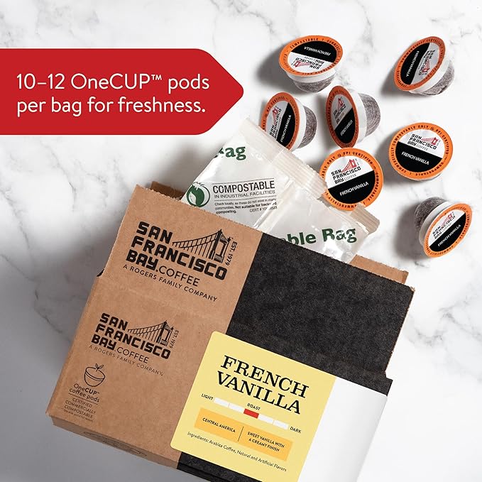 San Francisco Bay Coffee - Flavored Medium Roast - French Vanilla (80 ct) - Single Serve Coffee Pods Commercially Compostable K Cup Compatible