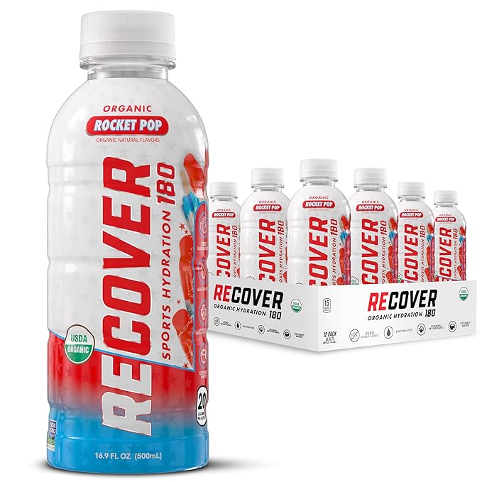 RECOVER 180 Organic Sports Hydration Drink No Sugar Added 20 Calorie Sports Beverage Organic Flavors With Vitamins Potassium-Packed Electrolytes (16.9 Fl Oz (Pack of 12) Rocket Pop)