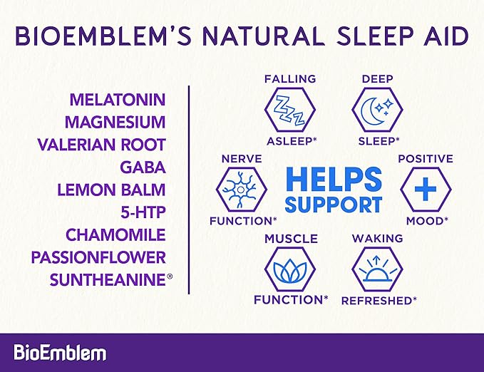 BioEmblem Natural Sleep Aid for Adults with Melatonin Valerian Root Suntheanine &amp More | Healthy Sleep Supplement | Herbal Sleeping Pills | 60 Capsules 3 Pack