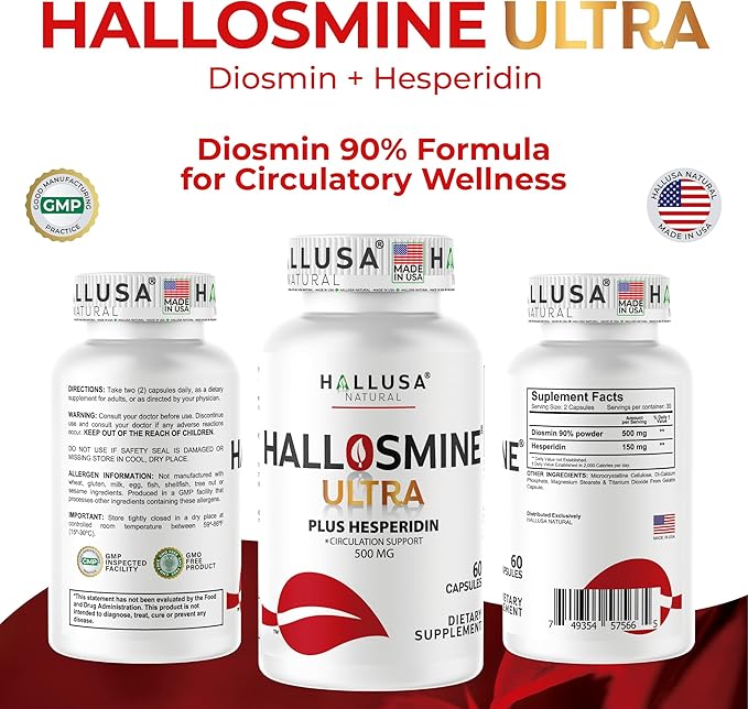 Hallusa Natural Hallosmine Ultra Diosmin 500mg &amp Hesperidin 150mg – Heavy Legs Swelling &amp Vein - Blood Circulation Supplements 60 Caps