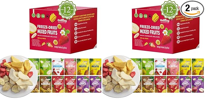 ONETANG Freeze-Dried Mixed Fruit 24 Pack Single-Serve Pack Non GMO Kosher No Add Sugar Gluten free Vegan Holiday Gifts Healthy Snack 0.35 Oz