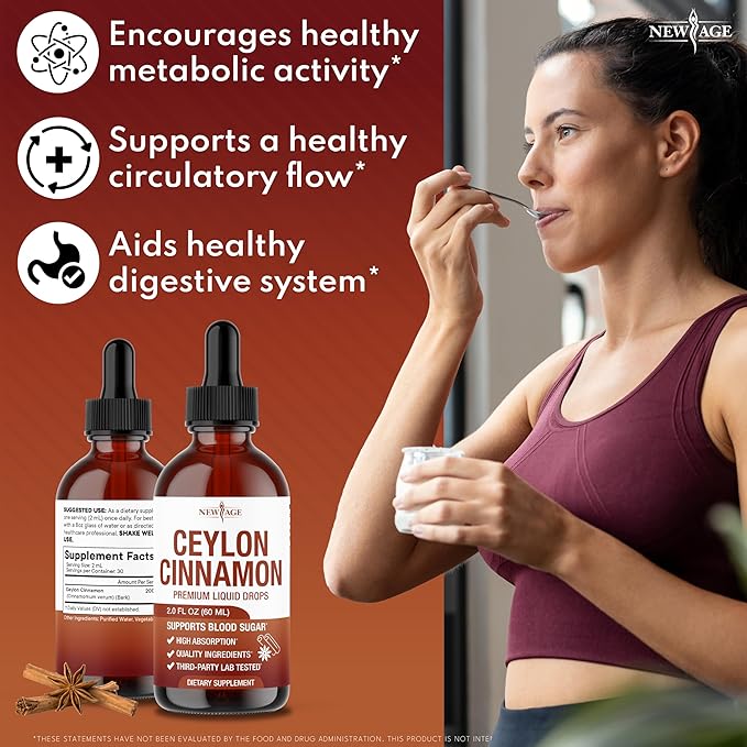 NEW AGE Ceylon Cinnamon Tincture Drops - Liquid Cinnamon Supplements for Overall Support - Cinnamomum Verum Bark Extract - Vegan Sugar &amp Alcohol-Free Non-GMO - 4 fl oz